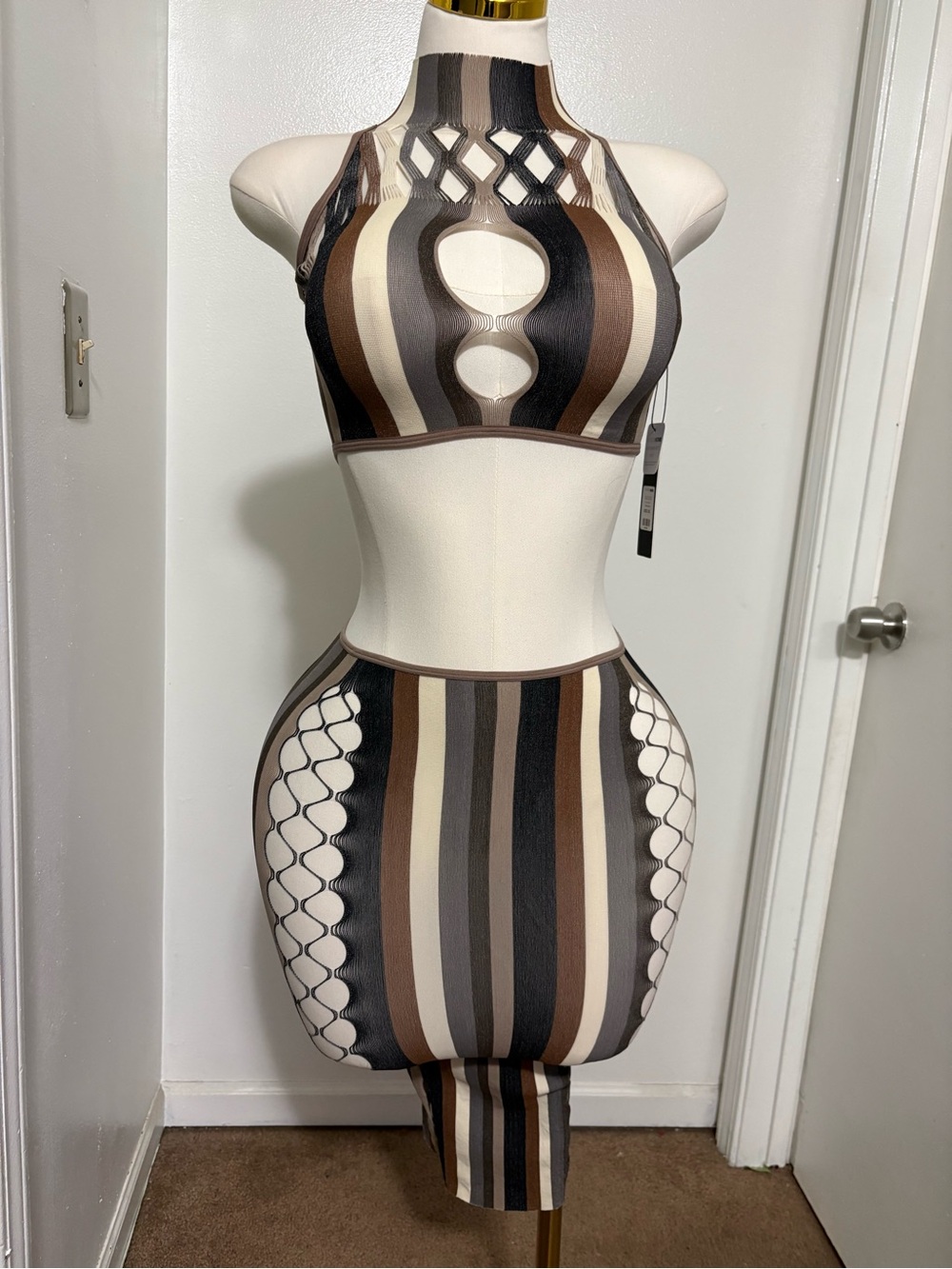 Fashion Nova Brown Black Cream Striped Matching Set